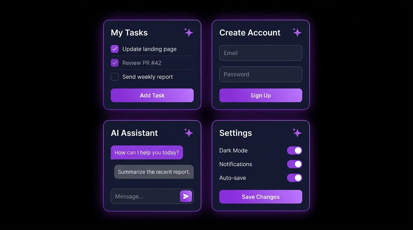 AI-generated UI starter pack: purple gradients, sparkle icons, "Generate" buttons everywhere.
